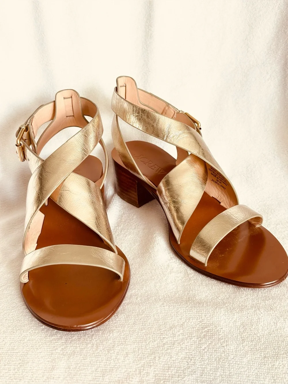 J. Crew Metallic Gold Crisscross Block Heel Sandals Strappy Leather Size 7.5